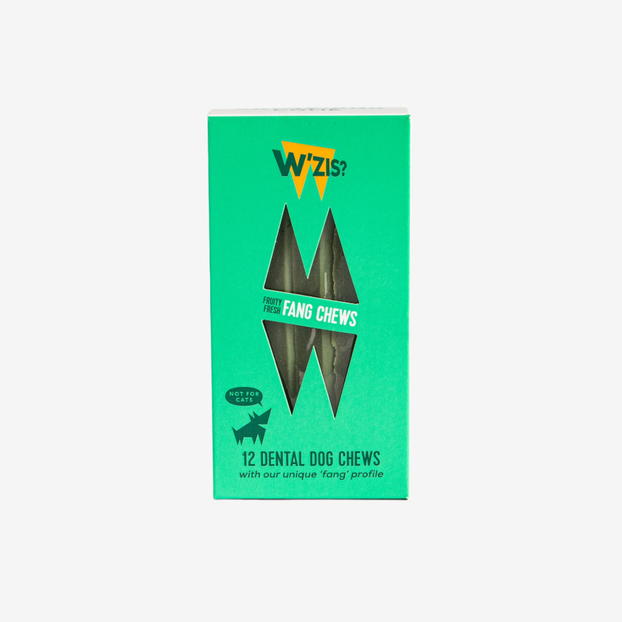 W'zis dental chew for dogs, fang shaped in a green box, 12 in a box with a fruity flavour.