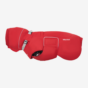 Red dog coat with 'Merlot' branding on a white background