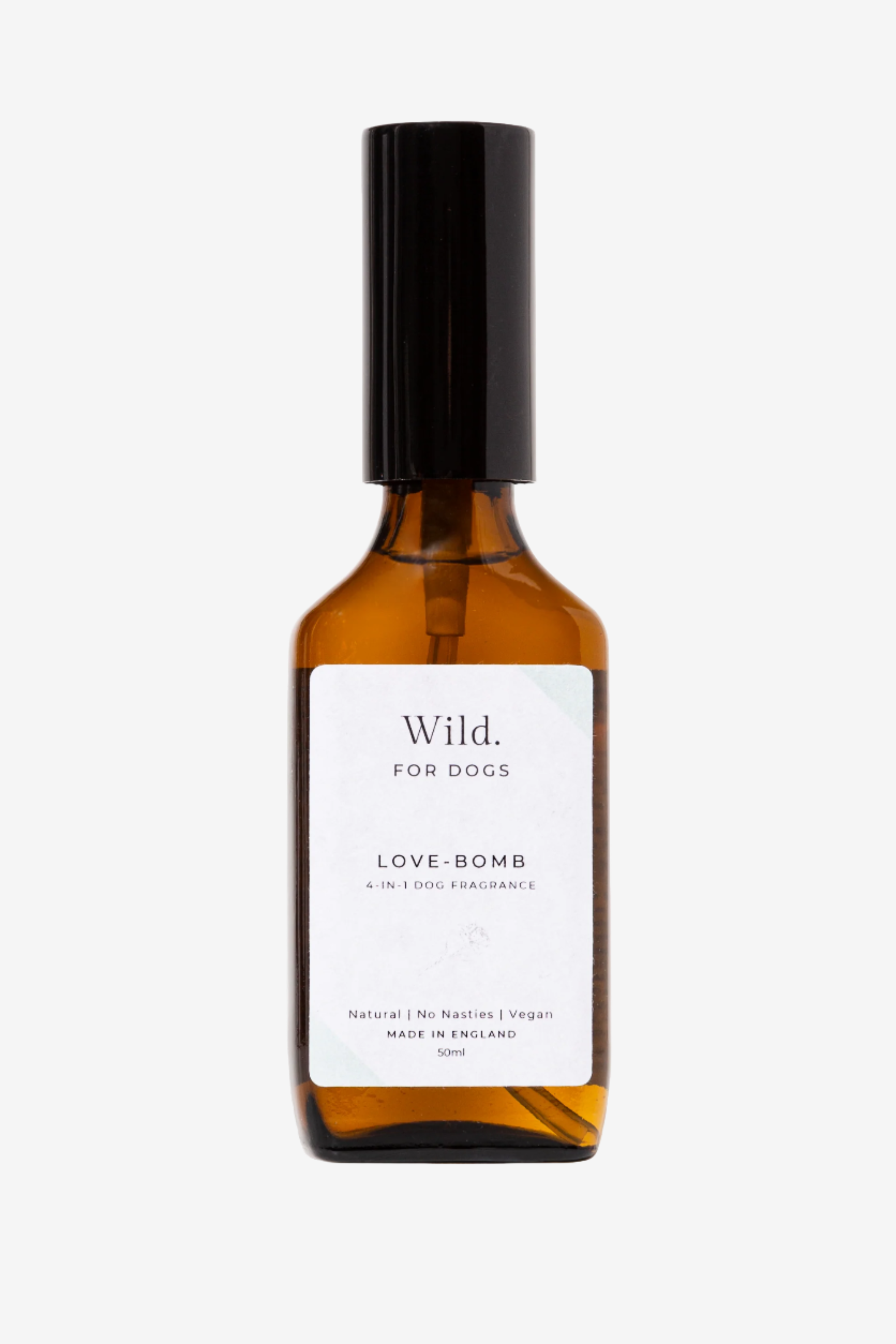 Love Bomb dog perfume in a recyclable glass bottle natural and organic 
