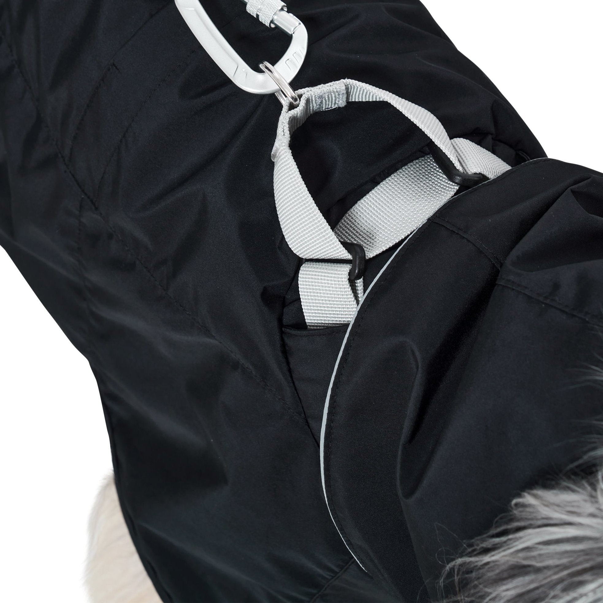 close up of a lead attached to the built in collar of a black dog raincoat