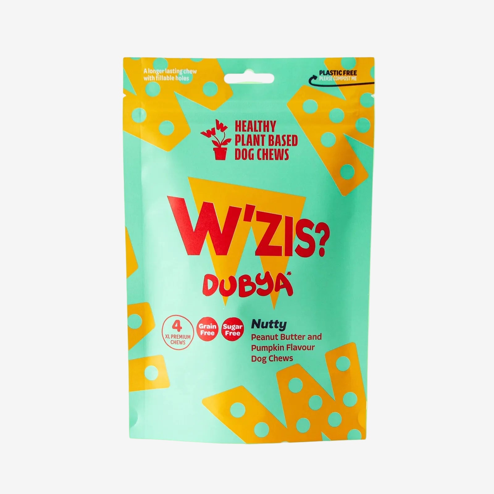 W'ZIS? Dubya dog chews packaging on a green background