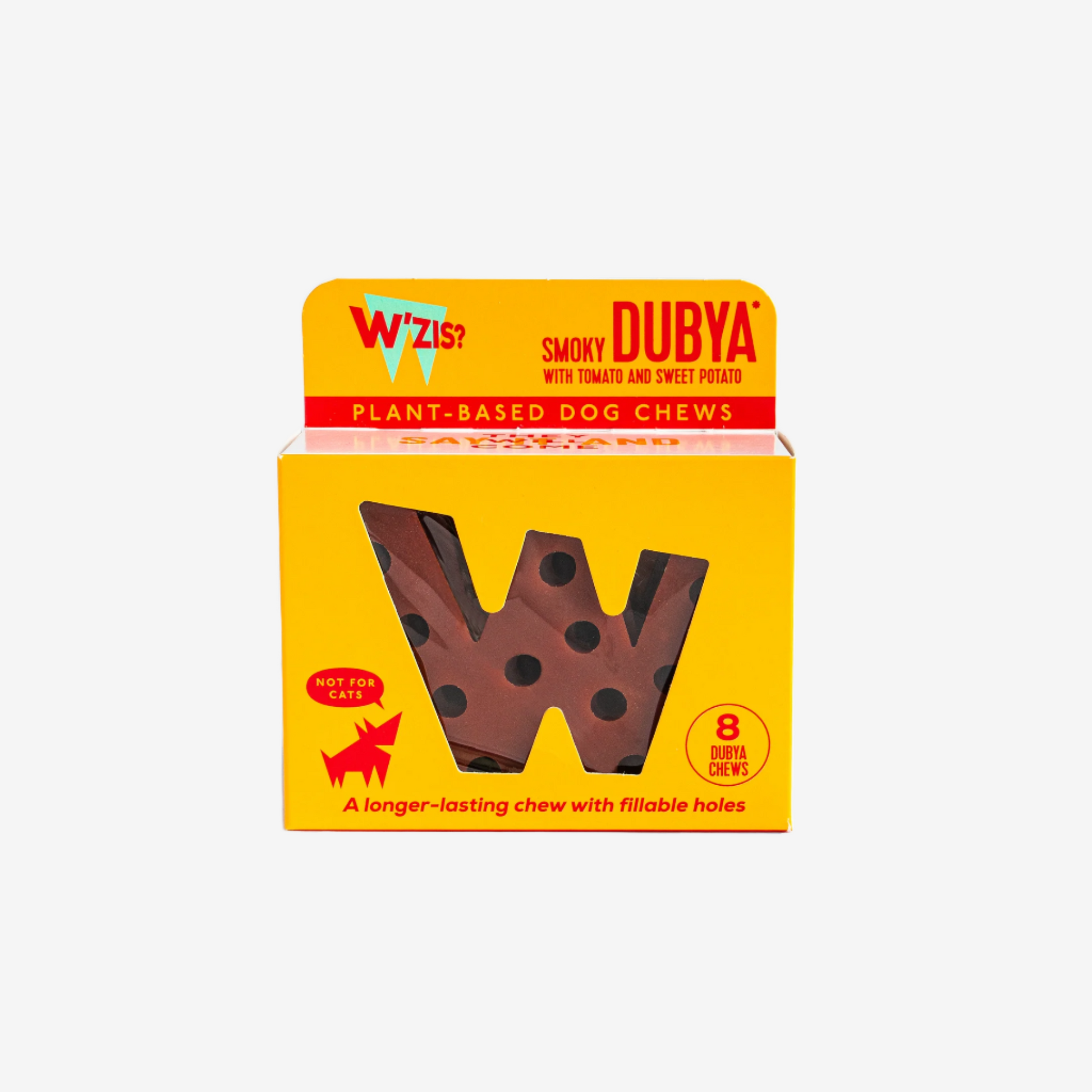 A yellow box displays "W'zis? Smoky Dubya" plant-based dog chews with tomato and sweet potato, containing 8 chews.