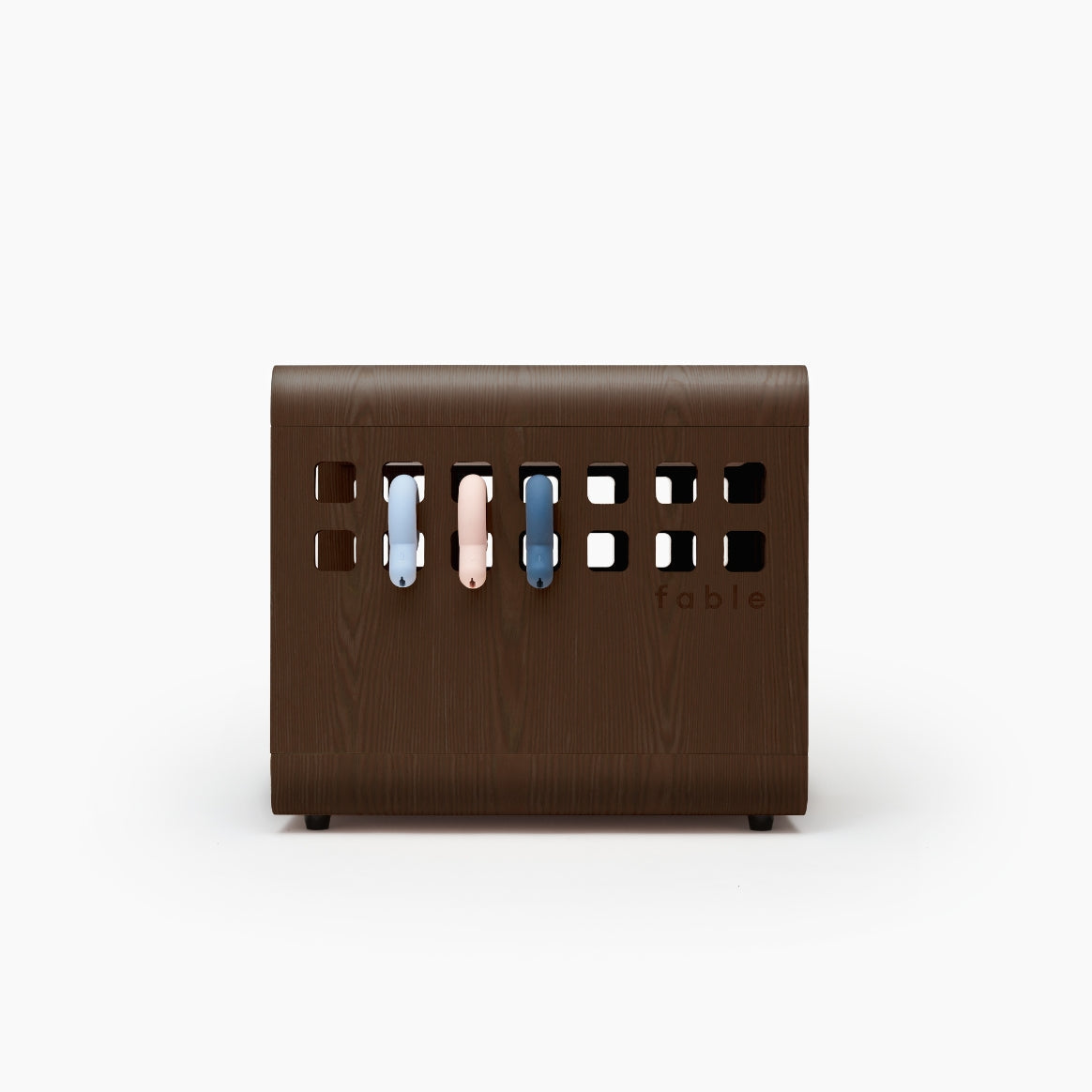 Brown walnut dog crate three color swatches on a white background