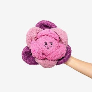 A hand holds a colorful plush toy shaped like a cabbage, featuring pink and purple petals with a playful, smiling face.