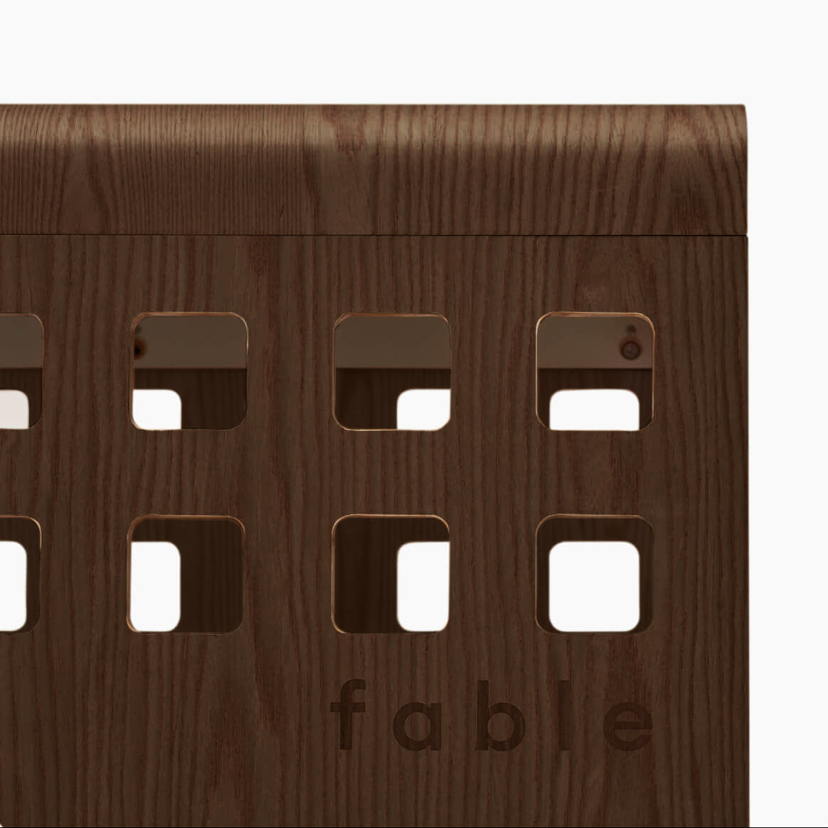 Wooden dog crate with 'fable' branding on a white background