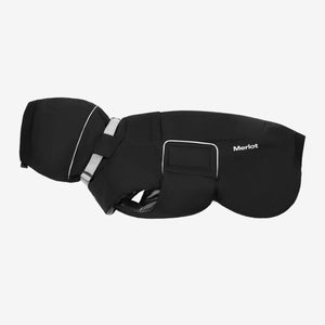 Black dog coat with silver buckle and 'Merlot' branding on a white background