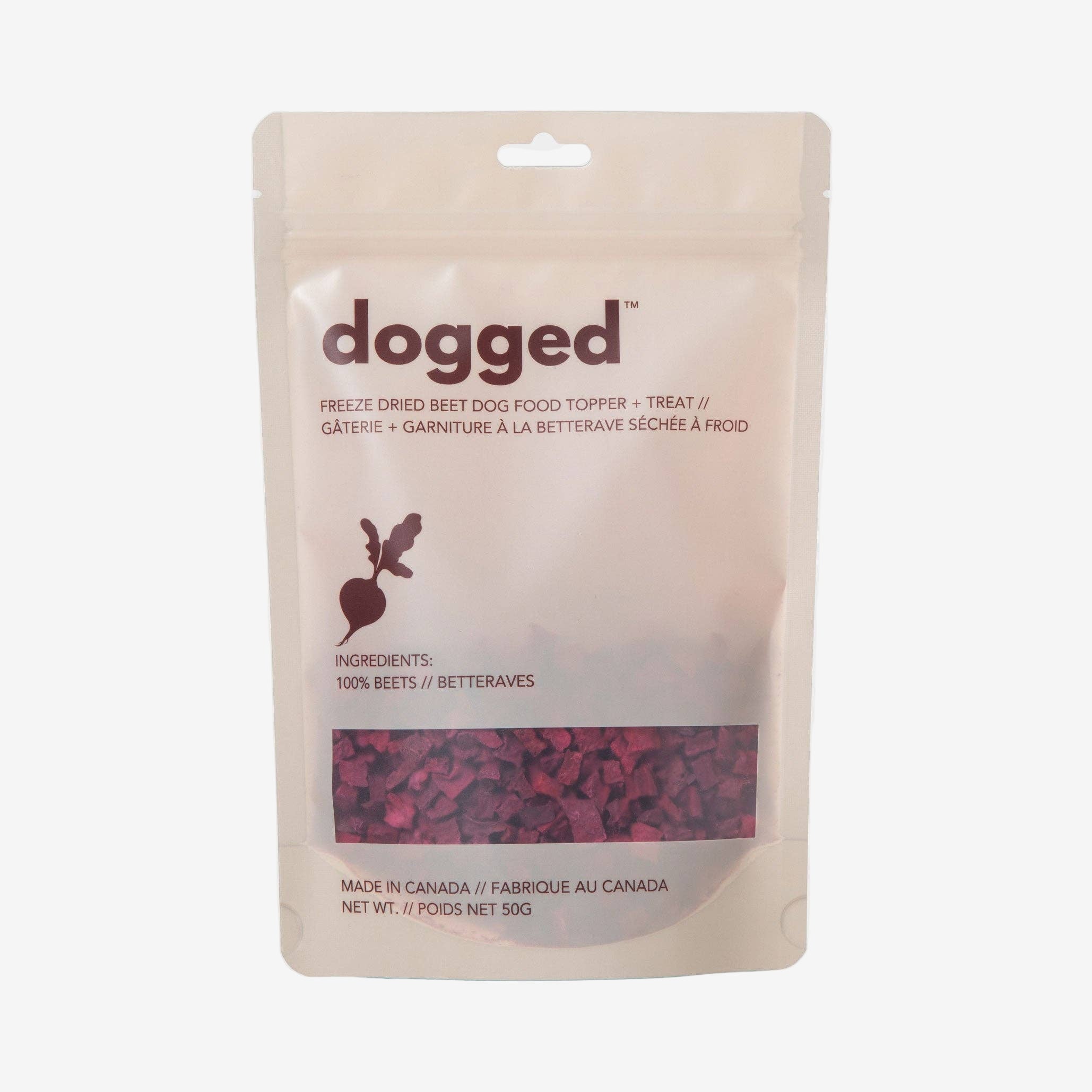 Package of dogged freeze-dried beet dog food topper on a white background