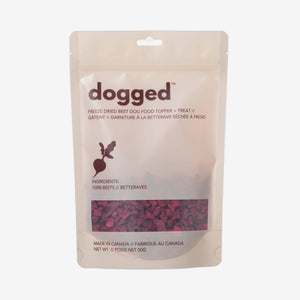 Package of dogged freeze-dried beet dog food topper on a white background