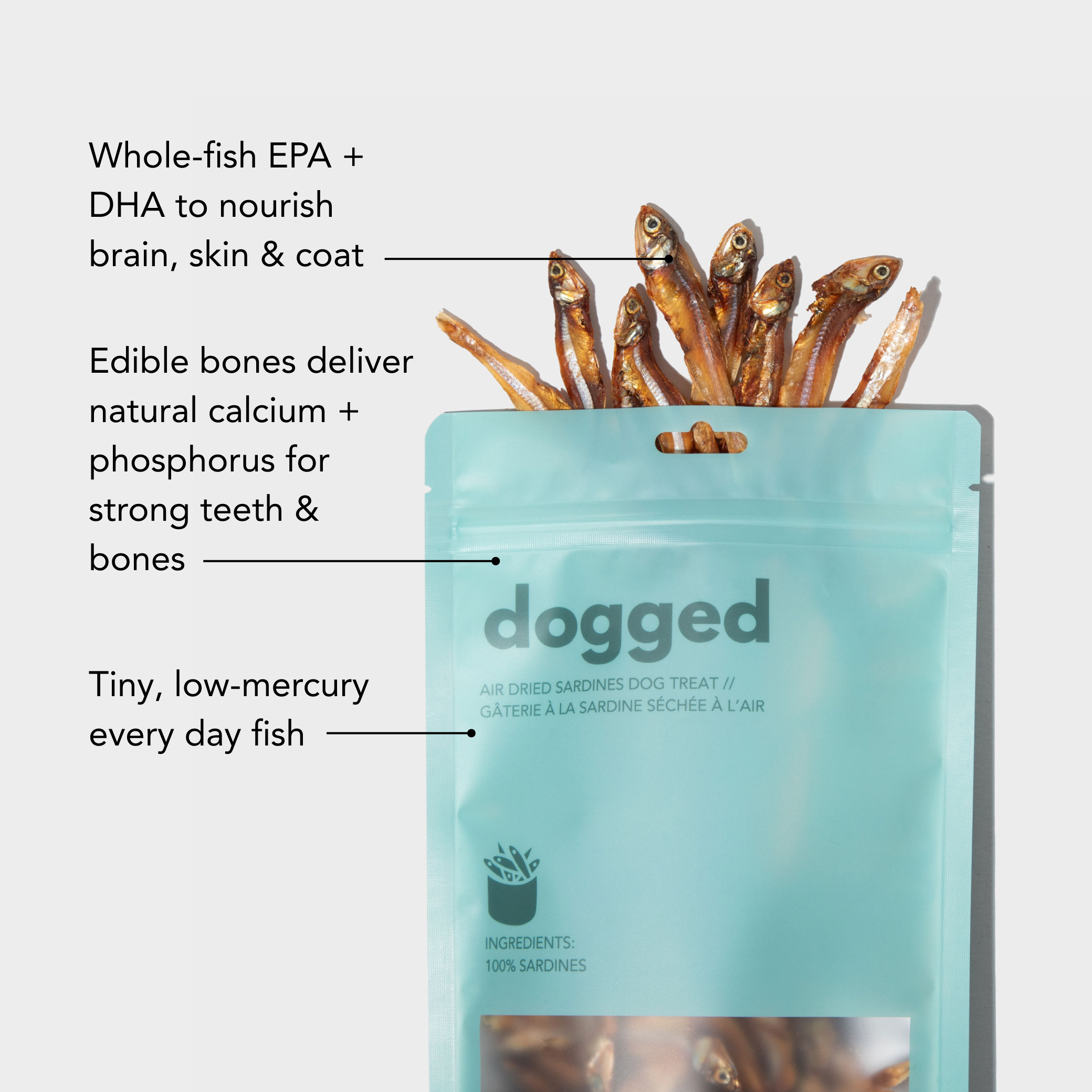 Dog food package with text highlighting benefits on a light gray background