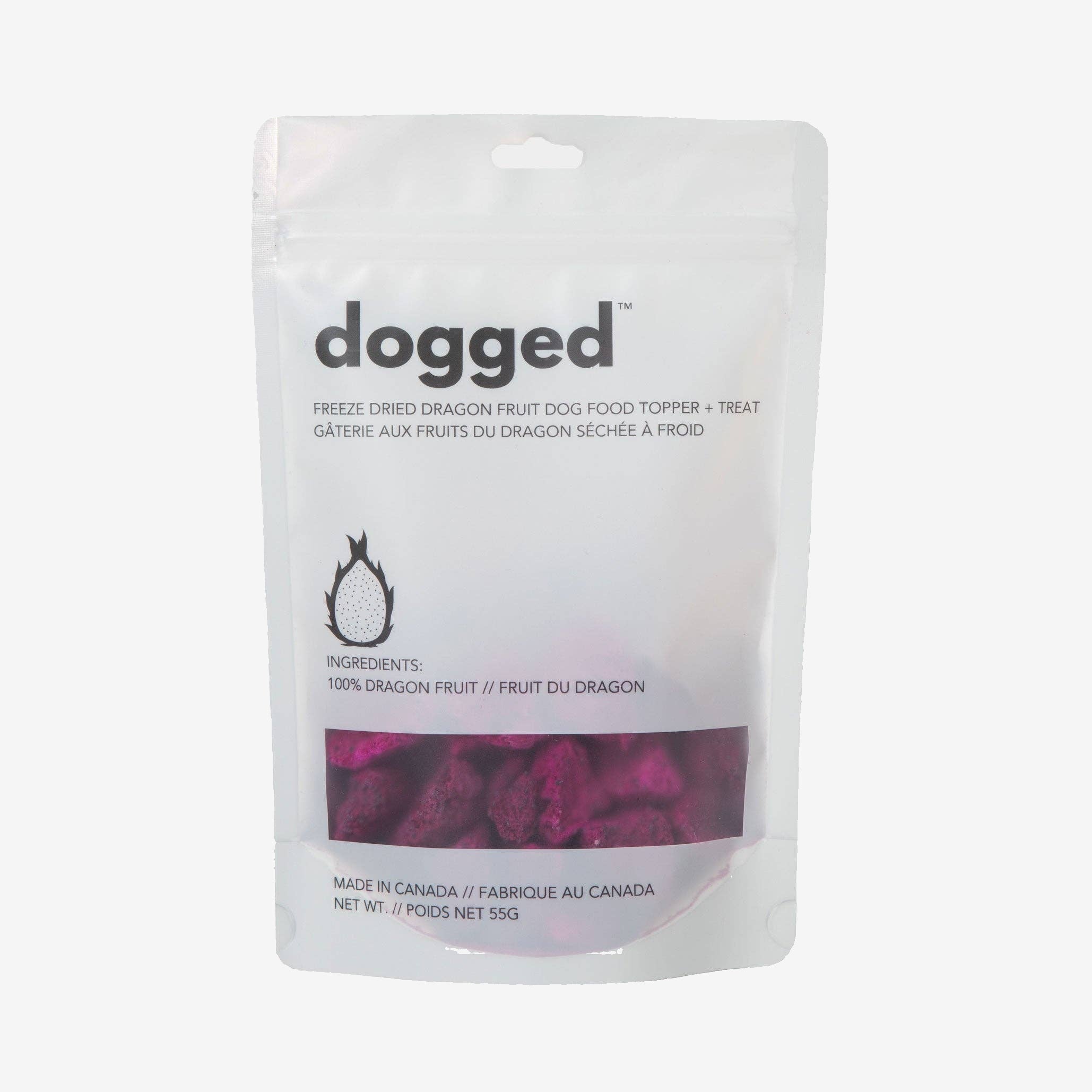Dogged freeze-dried dragon fruit dog food topper packaging on a white background