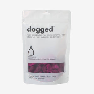 Dogged freeze-dried dragon fruit dog food topper packaging on a white background