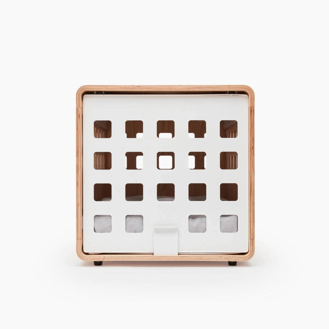 Square wooden box with cut-out compartments on a white background