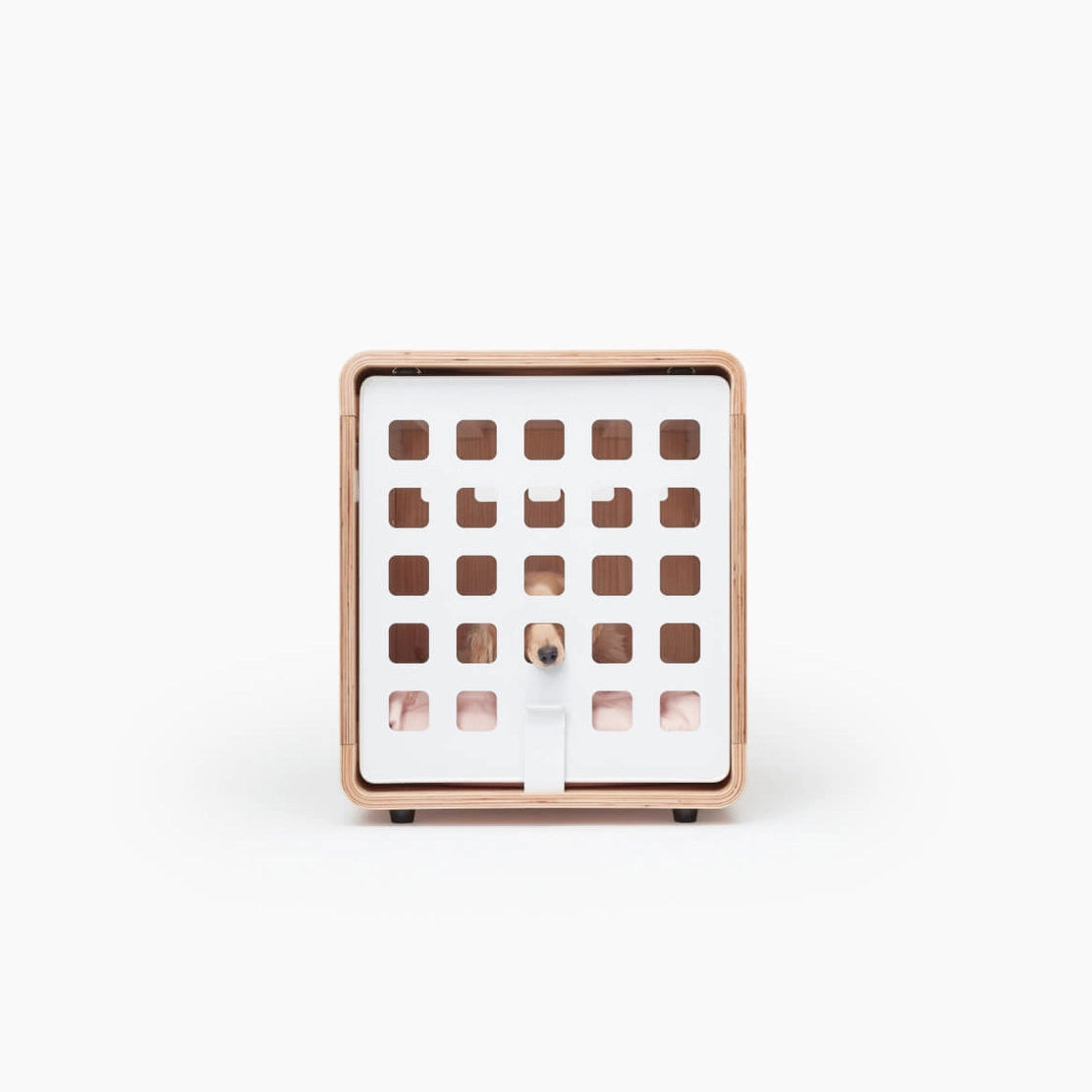 Square wooden dog crate with grid design on a white background