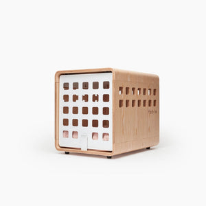 Wooden pet crate with white interior on a white background