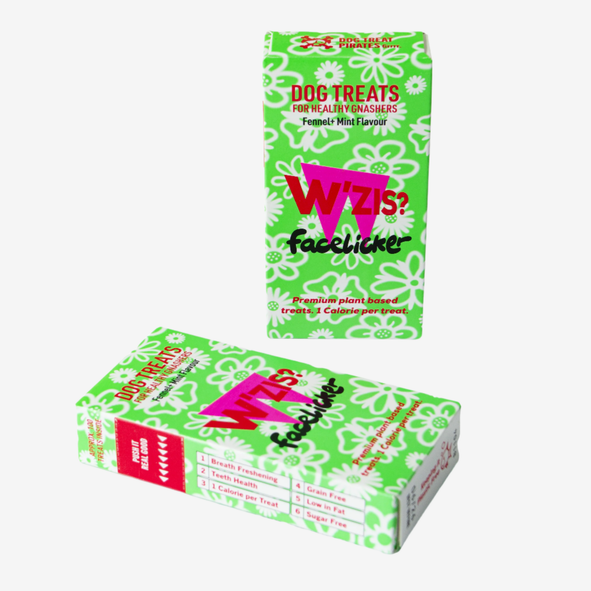 Two refill boxes of vegan dog treats by W'zis in facelicker flavour on a white background. 