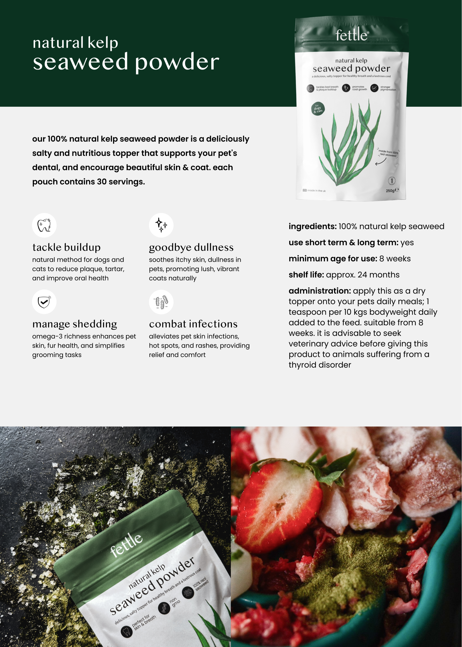 Image shows a packaging of natural kelp seaweed powder with benefits for pets, ingredients, and usage instructions listed.