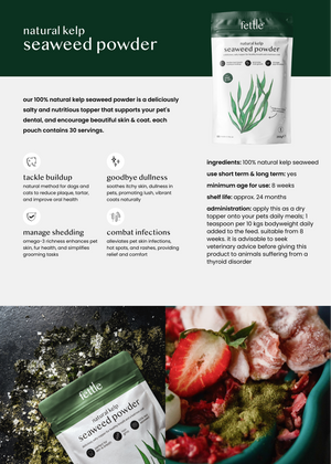 Image shows a packaging of natural kelp seaweed powder with benefits for pets, ingredients, and usage instructions listed.