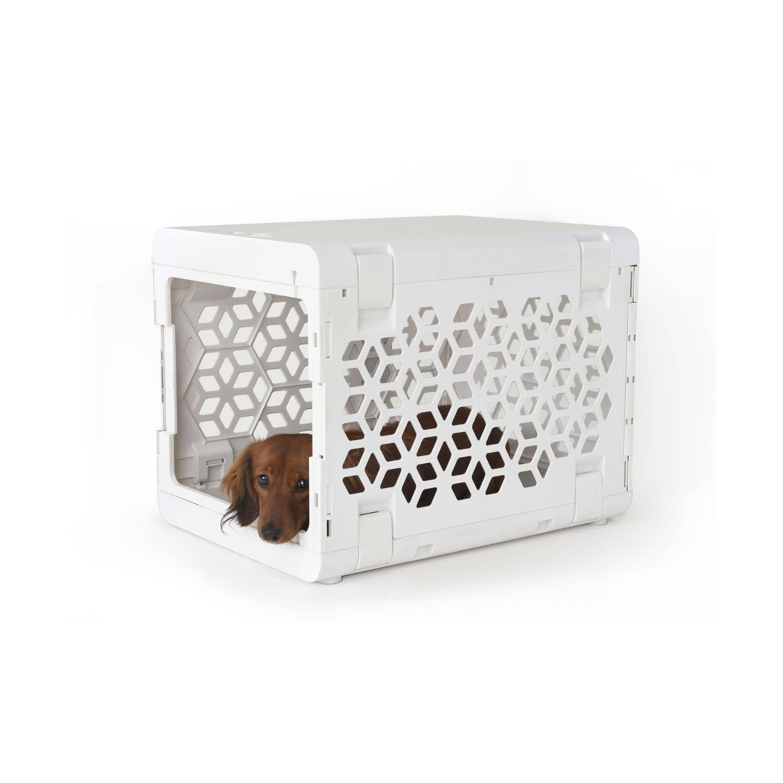 White pet crate with geometric pattern on a white background