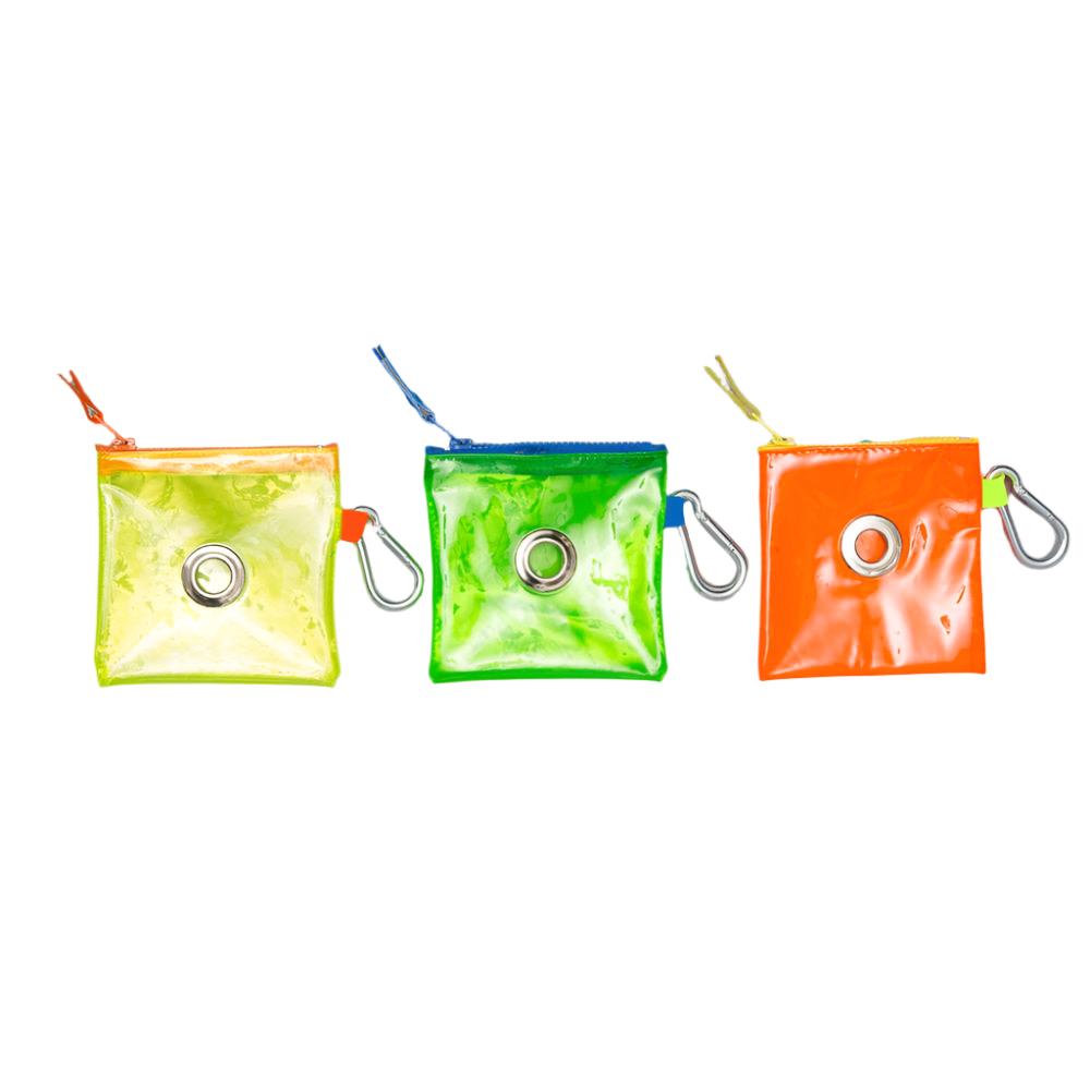 Three colorful pouches in yellow, green, and orange lined up. Each has a zipper and a loop for attachment.