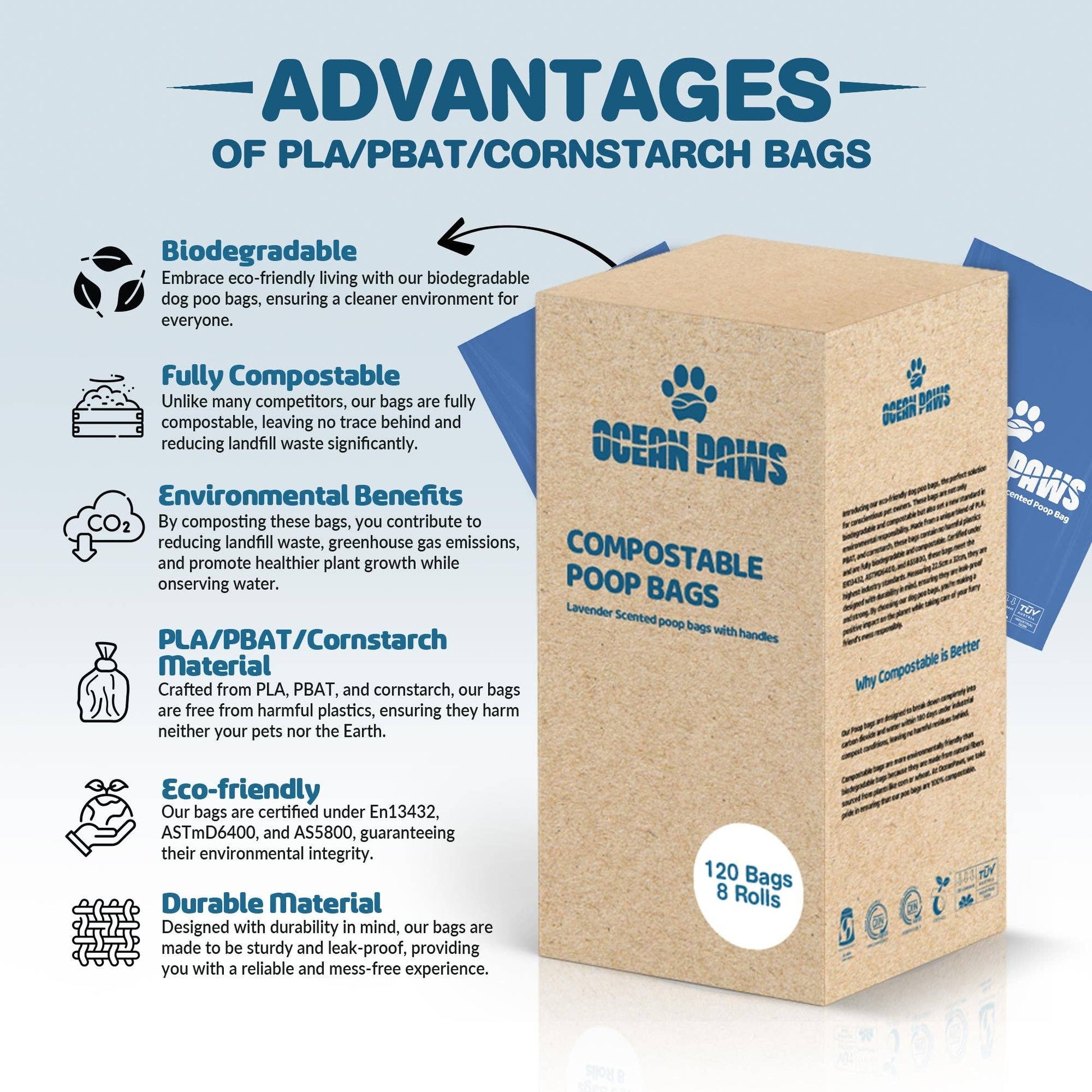 A cardboard box labeled "Ocean Paws Compostable Poop Bags" highlights advantages like biodegradability and eco-friendliness.
