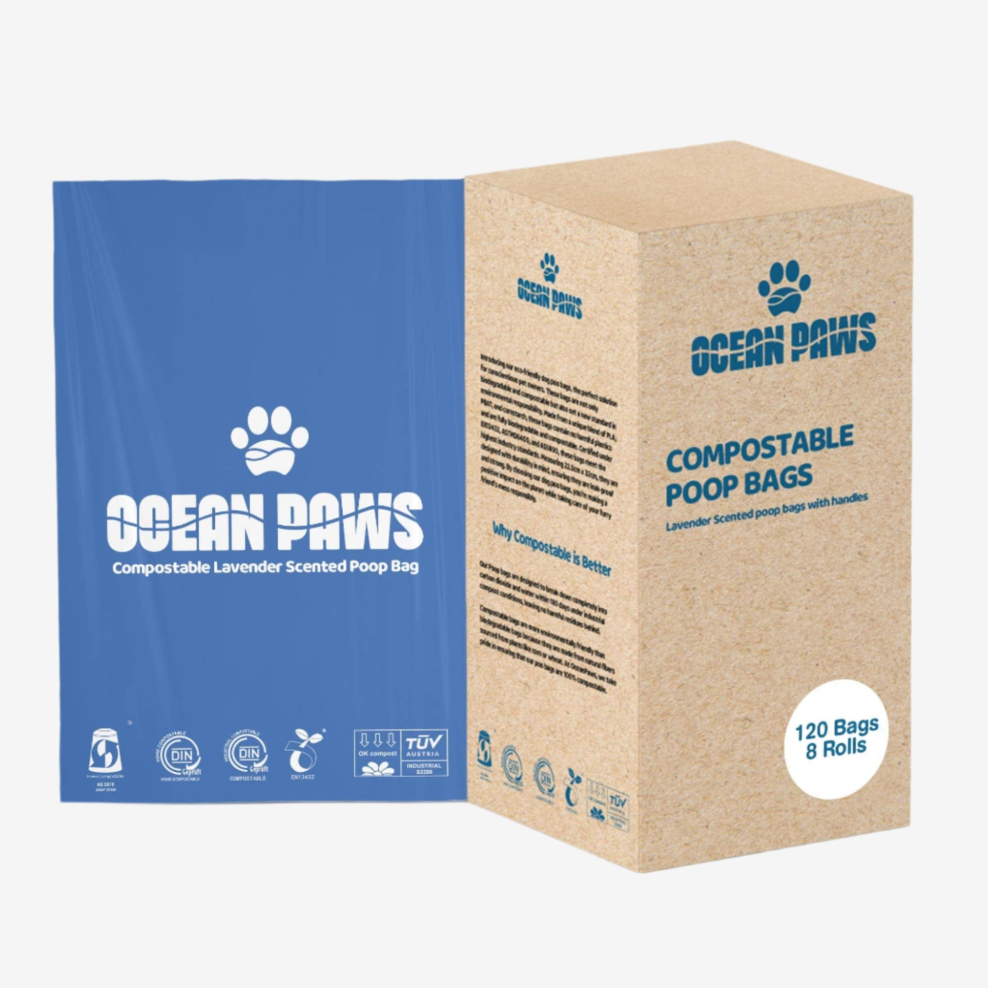 Blue packaging for Ocean Paws compostable lavender-scented poop bags, featuring a kraft box with 120 bags in 8 rolls.
