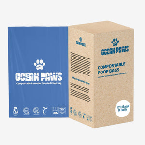 Blue packaging for Ocean Paws compostable lavender-scented poop bags, featuring a kraft box with 120 bags in 8 rolls.