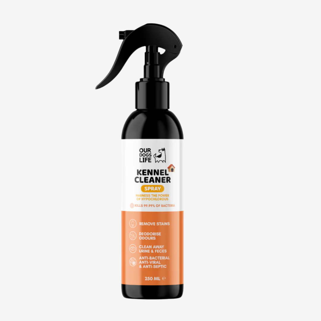 Black spray bottle labeled "Kennel Cleaner Spray" for removing stains and odors, with antibacterial and antiseptic properties.