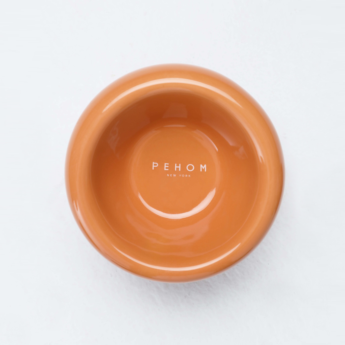 A smooth, glossy terracotta-colored ceramic bowl with a rounded design shot from above against a light background.