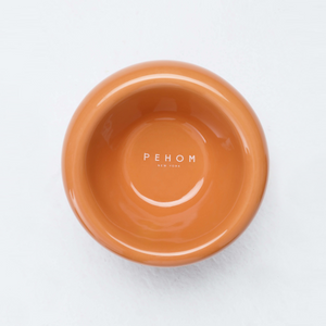 A smooth, glossy terracotta-colored ceramic bowl with a rounded design shot from above against a light background.
