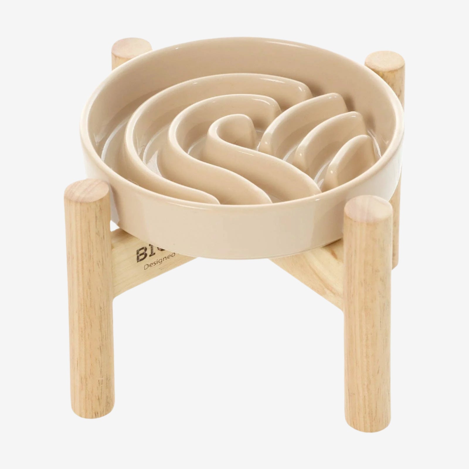 A beige ceramic slow feeder bowl with a wavy pattern, supported by wooden legs, designed for dogs or cats.