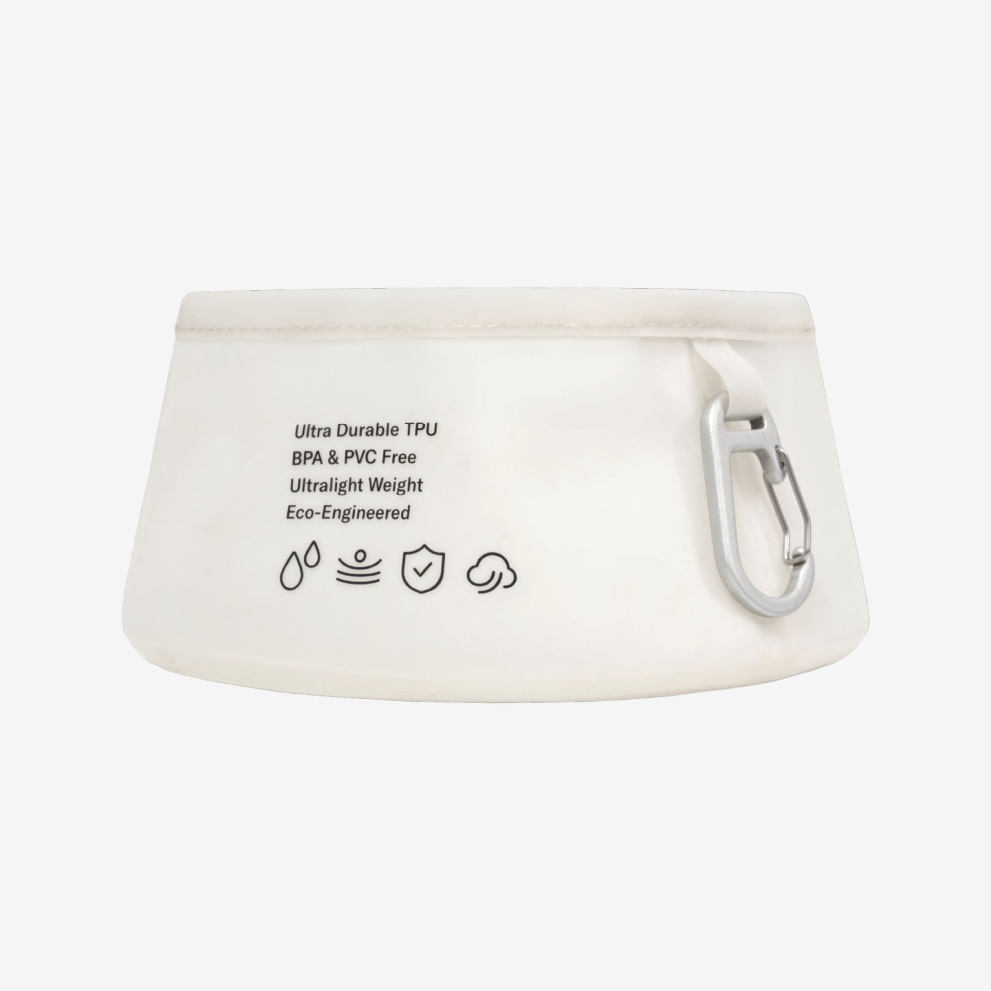 White dog bowl with carabiner and eco-friendly features on a white background