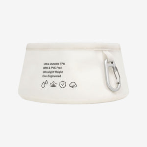 White dog bowl with carabiner and eco-friendly features on a white background