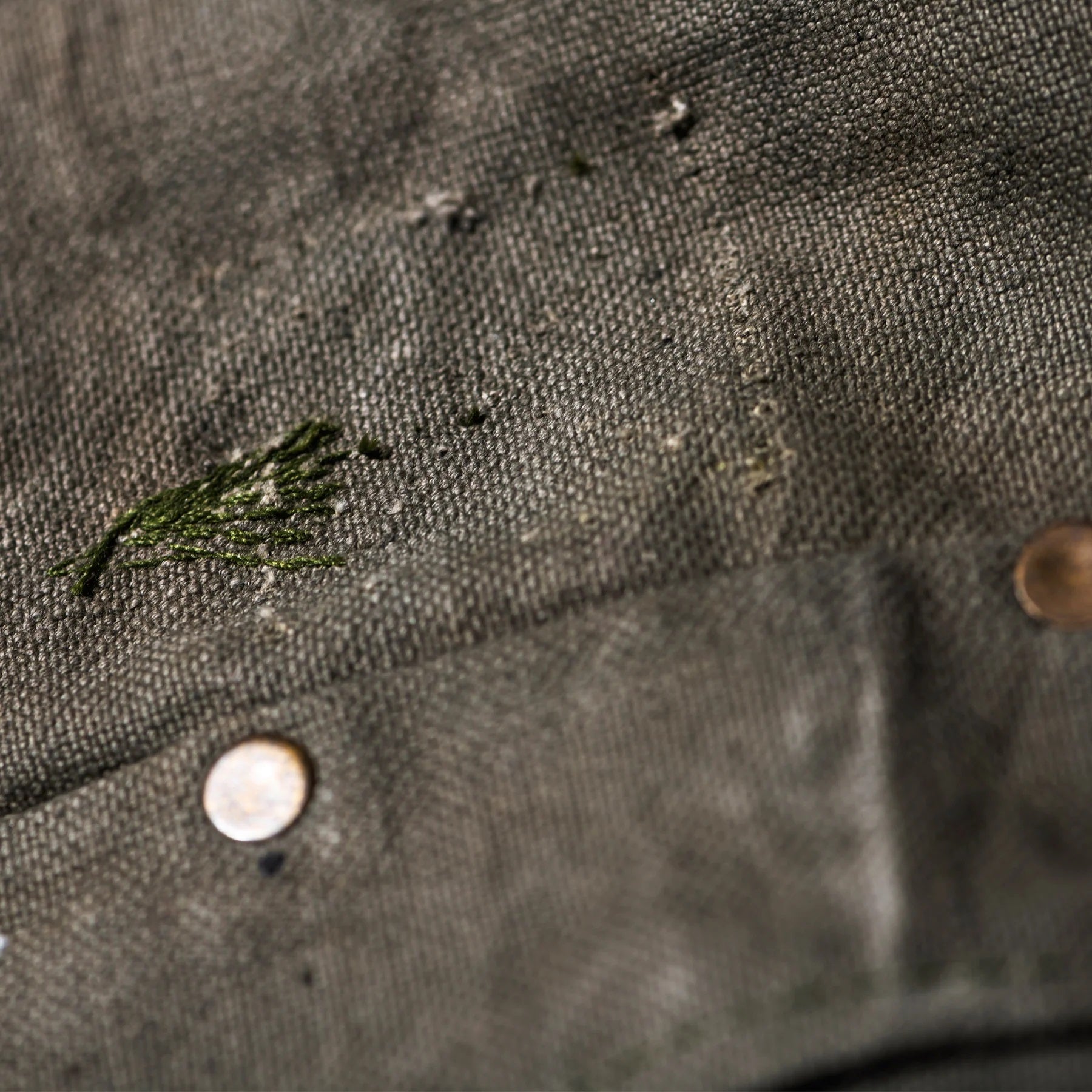 Close-up of a textured fabric surface with a button and green plant fragment.