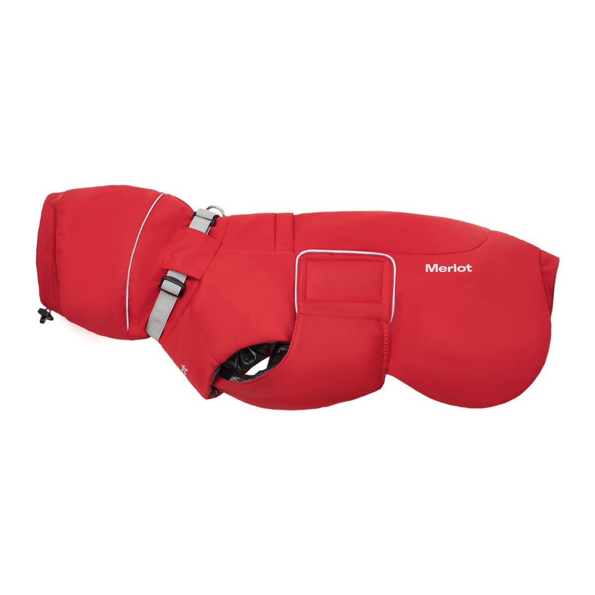 Red dog coat with 'Merlot' branding on a white background