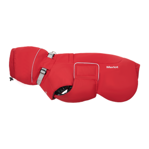 Red dog coat with 'Merlot' branding on a white background
