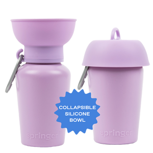 Two lilac purple silicone containers with a collapsible bowl on one. A blue star label reads "Collapsible Silicone Bowl."