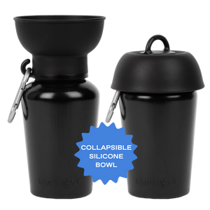 Two black silicone containers with a collapsible bowl on one. A blue star label reads "Collapsible Silicone Bowl."