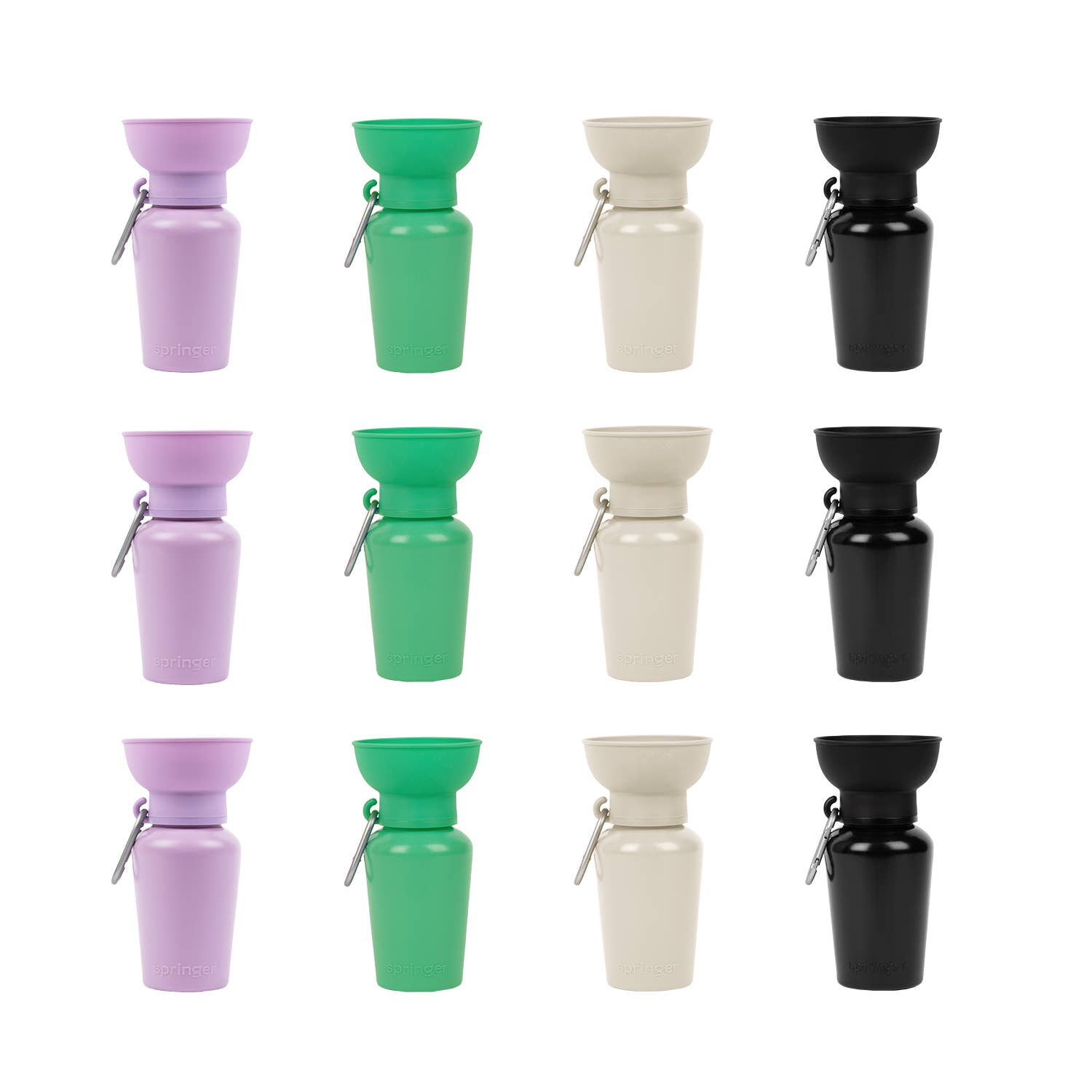 A grid of twelve colorful water bottles in pastel and bold shades, showcasing lavender, green, beige, and black options.