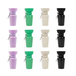 A grid of twelve colorful water bottles in pastel and bold shades, showcasing lavender, green, beige, and black options.