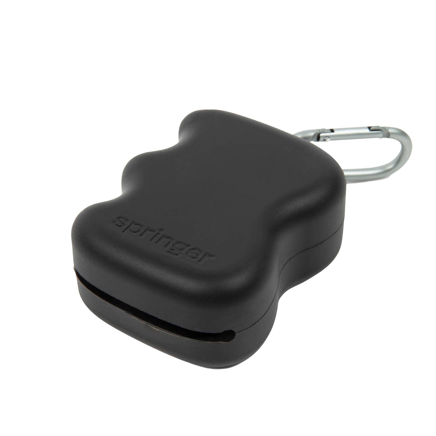 A compact, black dog treat dispenser with a smooth, rounded shape and a metal carabiner clip attached for secure fastening.