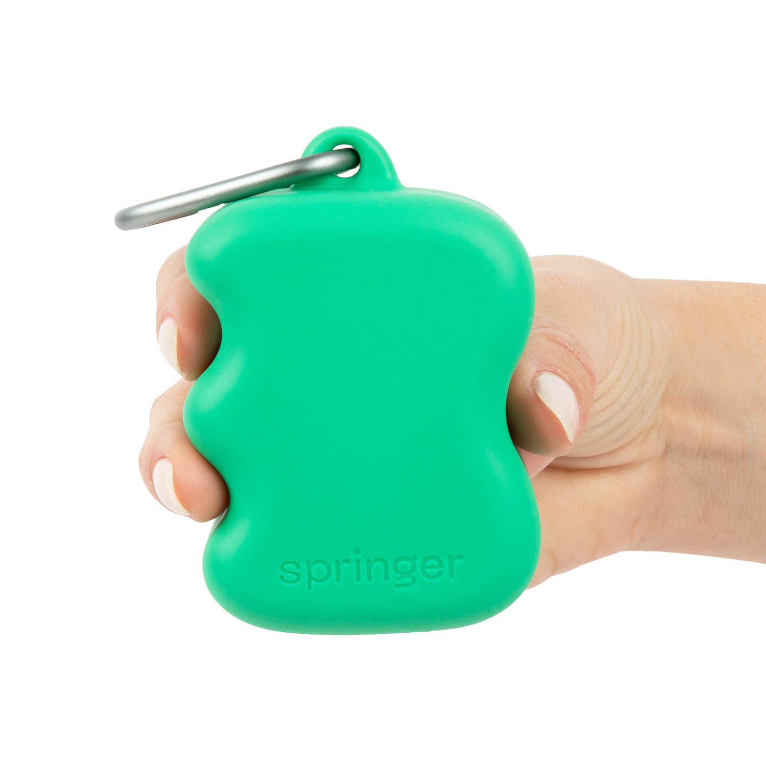 A green silicone dog treat pouch with a wavy design, featuring a metal carabiner clip for attachment or carrying convenience.