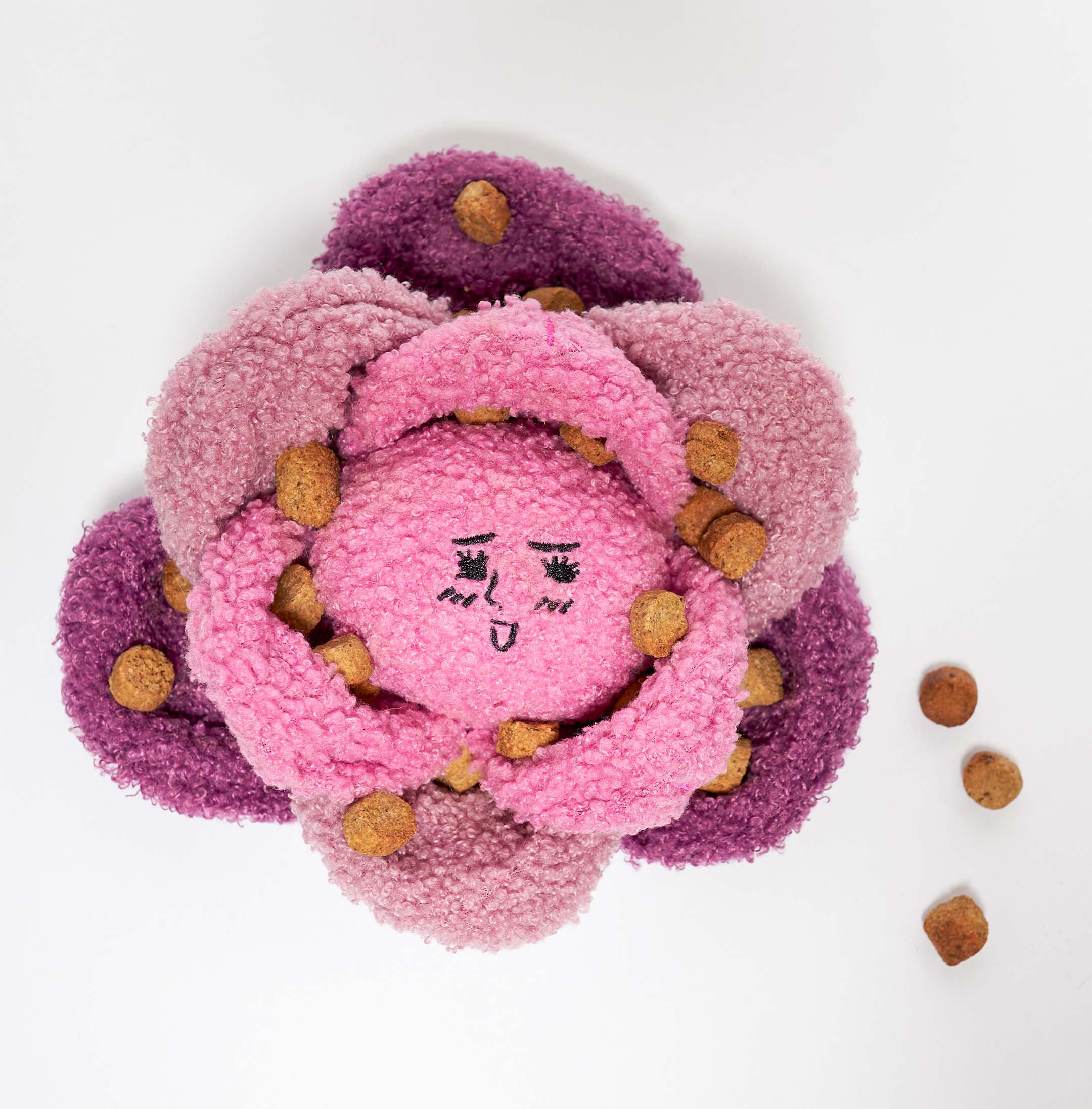 A pink and purple dog toy shaped like a cabbage with dog treats hidden between the leaves as a game.