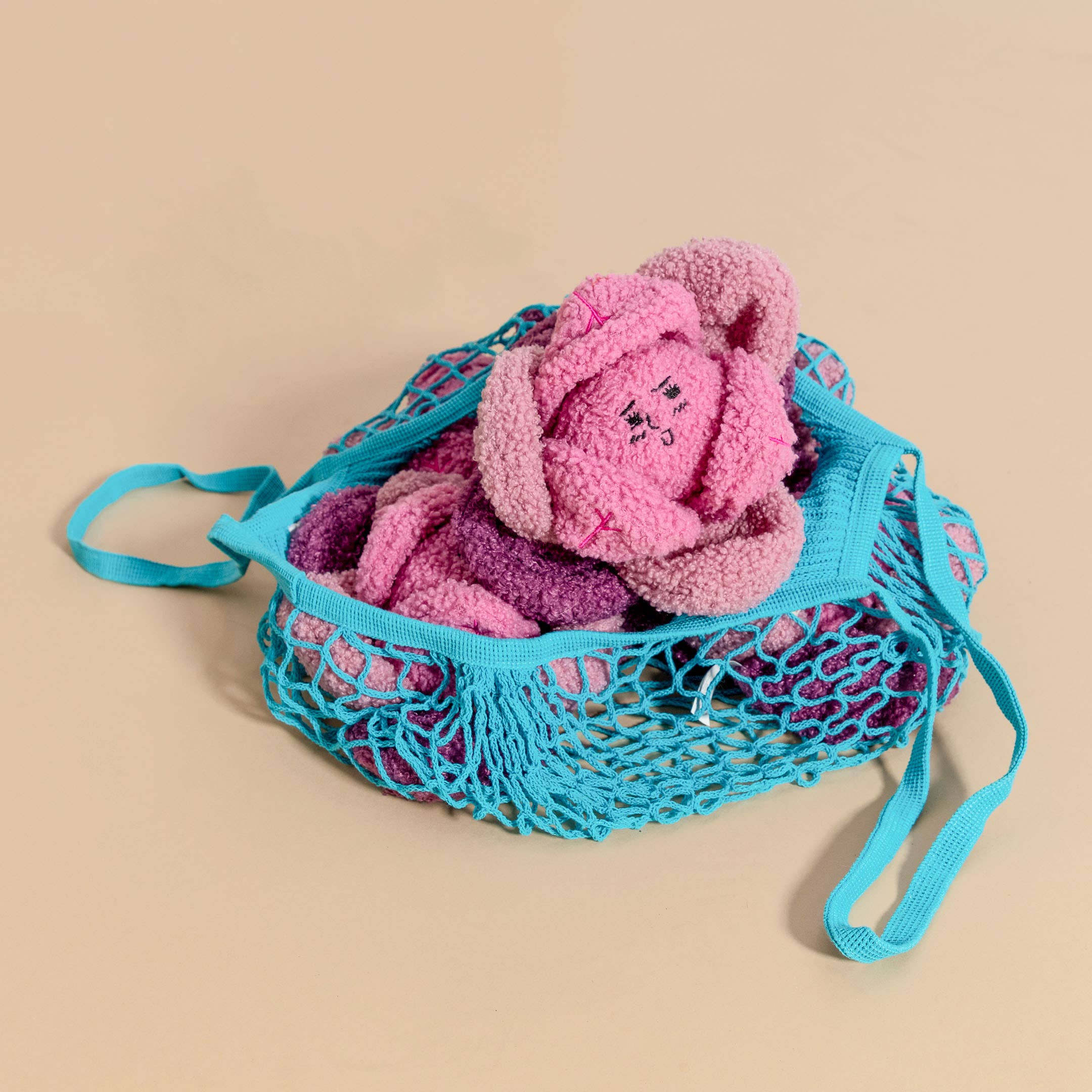 A light blue mesh bag holds several pink and purple dog toys, shaped like cabbages, against a beige backdrop.