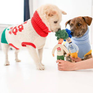 Two dogs in colorful sweaters engage with plush toy figures on a bright surface, while a person’s hand holds one toy.