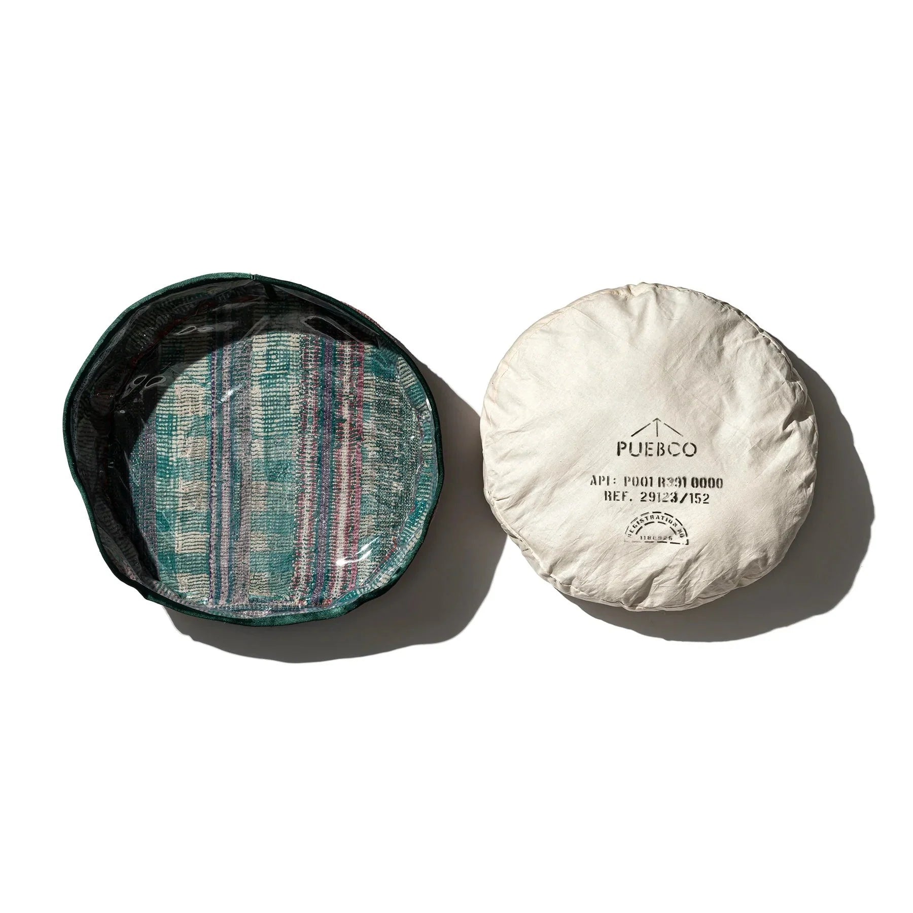 Two round containers, one striped and one plain white, on a white background with 'PUEBCO' branding.