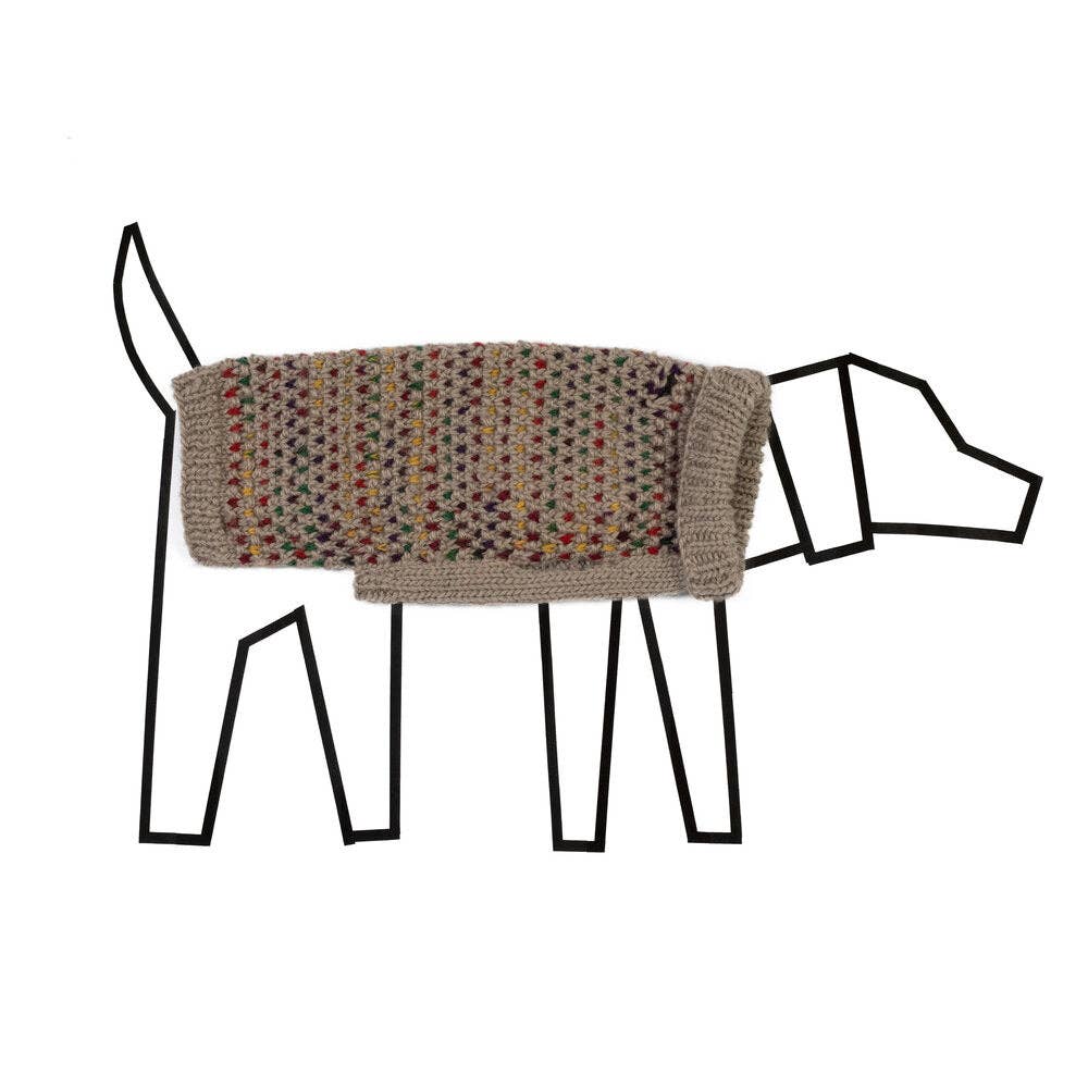 A drawn dog silhouette wearing a colorful knitted sweater, showcasing a playful and cozy design.