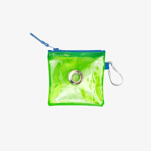 A bright green transparent pouch with a zipper and blue accents, featuring a metal carabiner for attaching.