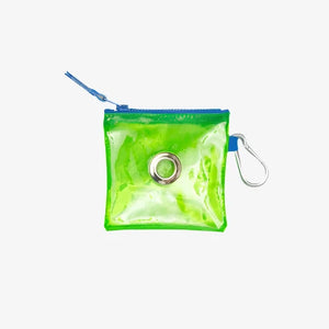 A bright green transparent pouch with a zipper and blue accents, featuring a metal carabiner for attaching.
