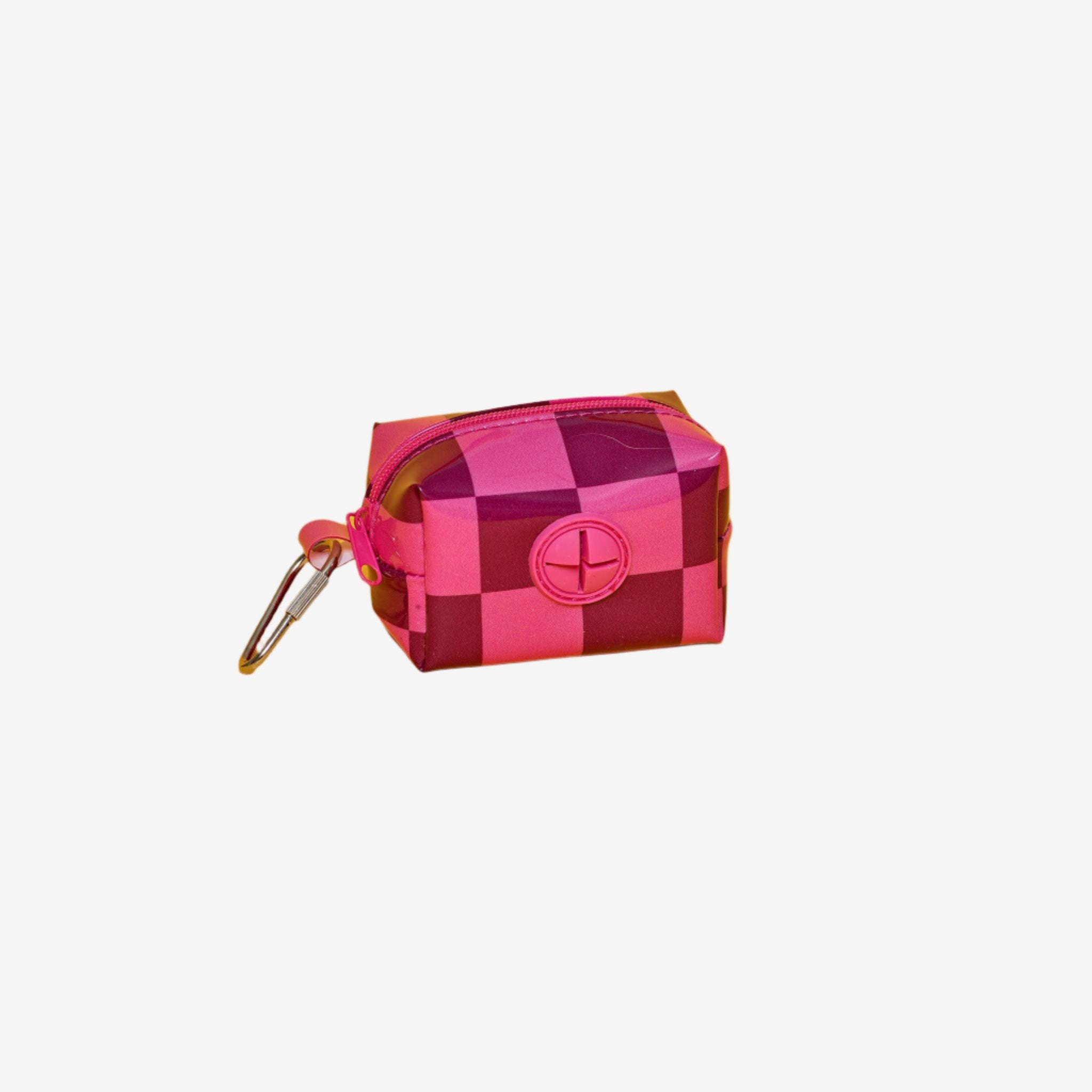 Pink checkered poo bag holder, which can also hold keys and treats by Ware of the Dog.