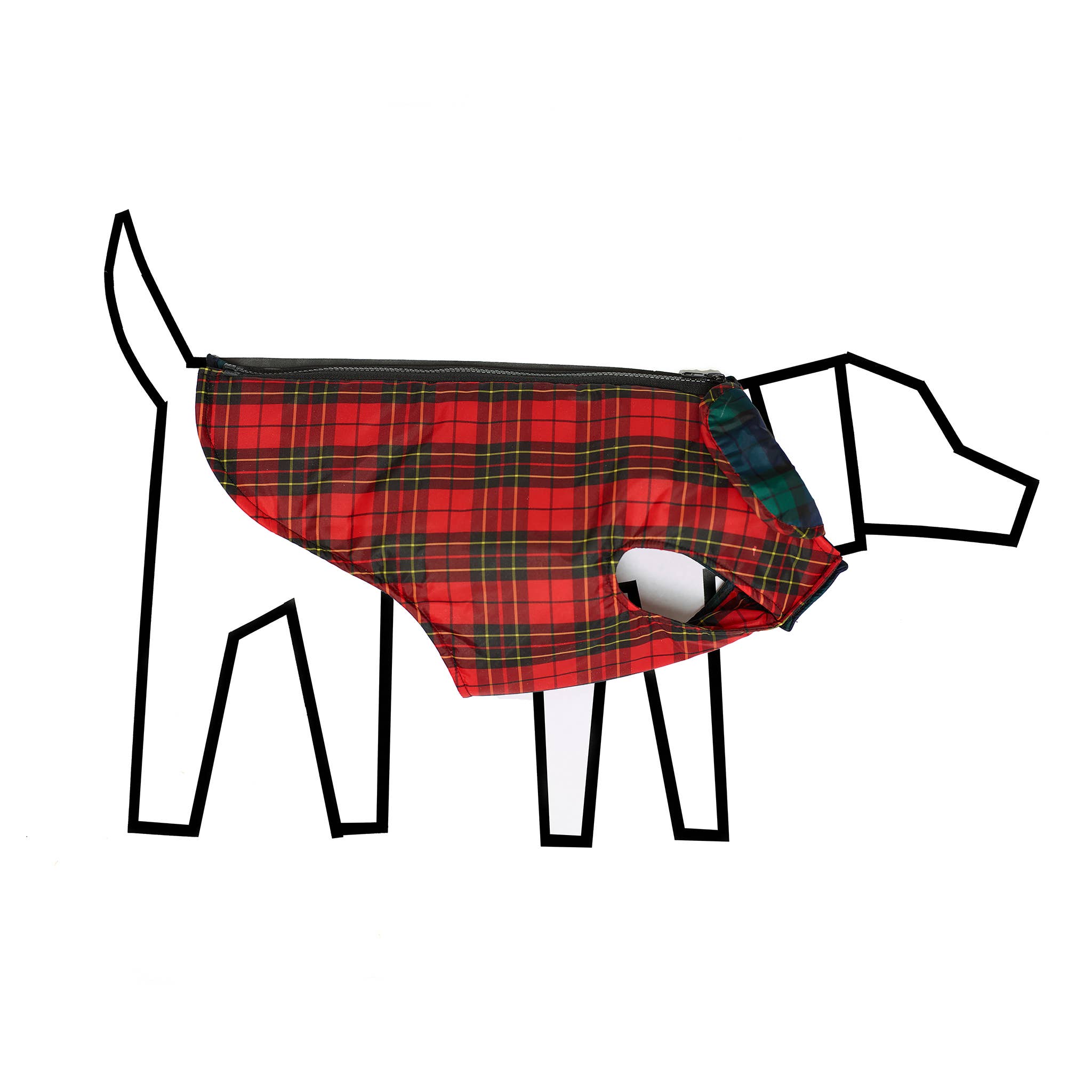 A red plaid dog sweater is zipped onto a simple line-drawn outline of a dog, highlighting the garment's design.